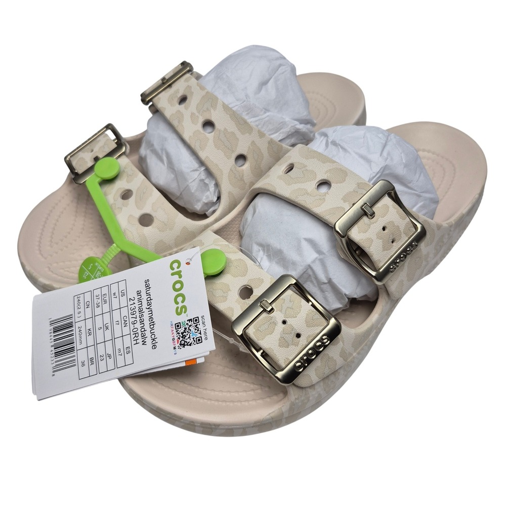 Crocs Saturday Metallic Buckle Animal Leopard Print Sandals Women's Size 7 Shoes